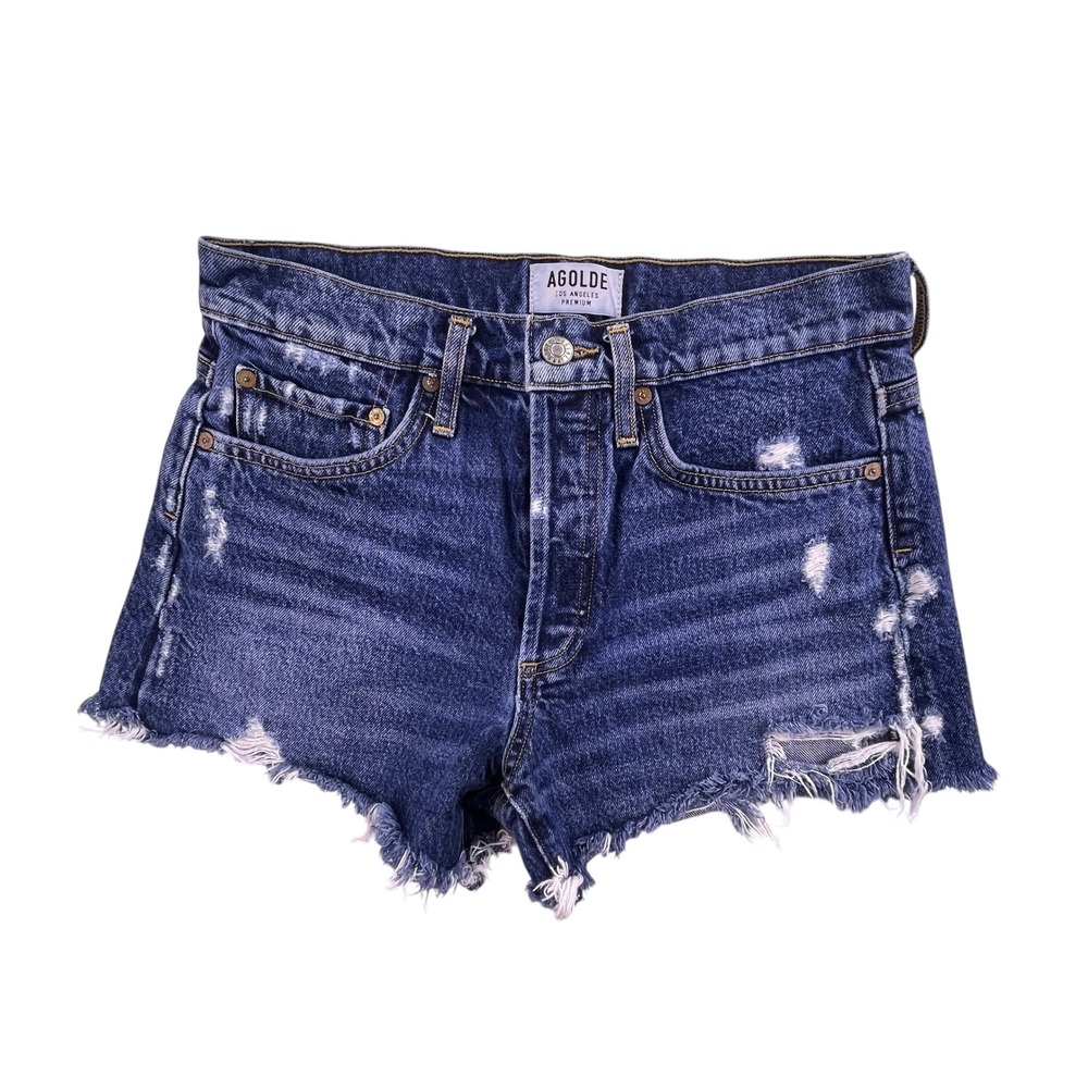 AGOLDE Riley Distressed Denim Shorts Dark Wash Raw Hem Size 26 Distressed Jean